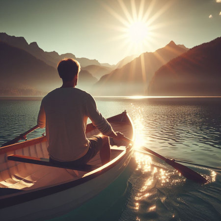 Man in a boat on the lake at sunrise. The concept of active life.の素材