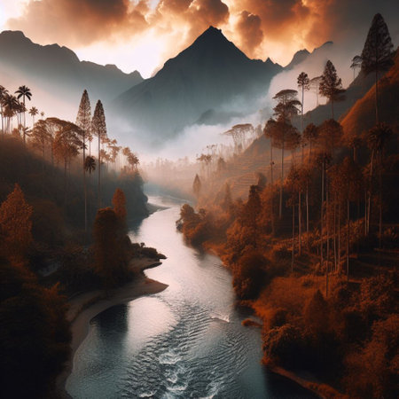 Landscape of the river in the mountains at sunrise. Digital paintingの素材