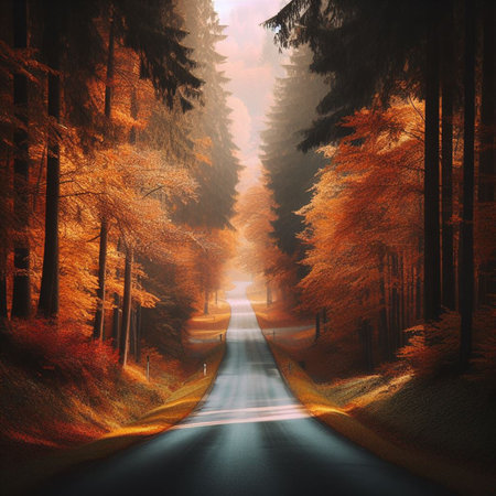Autumn road in the forest with trees and fog. Digital painting.の素材