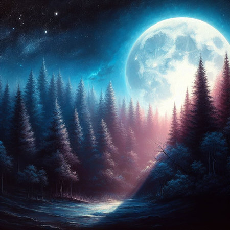 Fantasy night landscape with moon and forest. 3D illustration.の素材