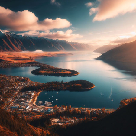 Lake Wakatipu at sunset, Queenstown, New Zealandの素材