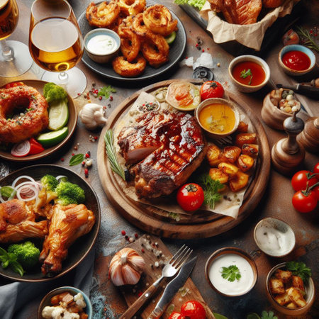 Baked meat with vegetables and sauce on rustic background, top viewの素材
