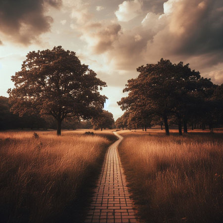 Sunset in the park with a path leading to the horizon.の素材