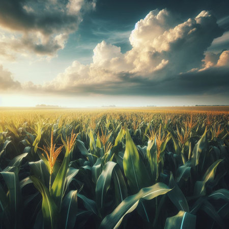 Green corn field at sunset. Dramatic sky. 3D Renderingの素材