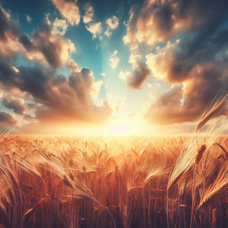 Sunset over wheat field. Beautiful nature scene. 3d renderの素材
