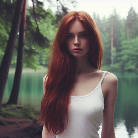 Portrait of a beautiful young woman with long red hair in the forestの素材