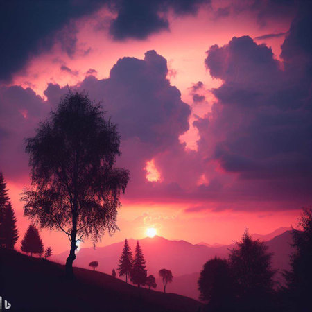Beautiful sunset in the mountains. Colorful sky with clouds and trees.の素材