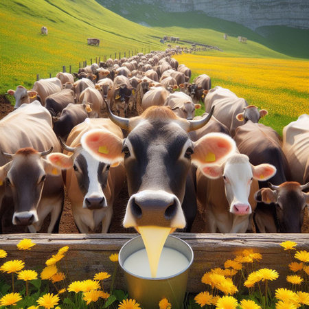 Milk in a bucket and cows on the background of dandelionsの素材