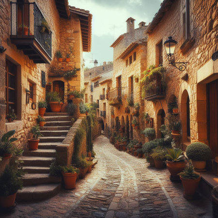 Old street in the medieval village. Tuscany, Italy.の素材