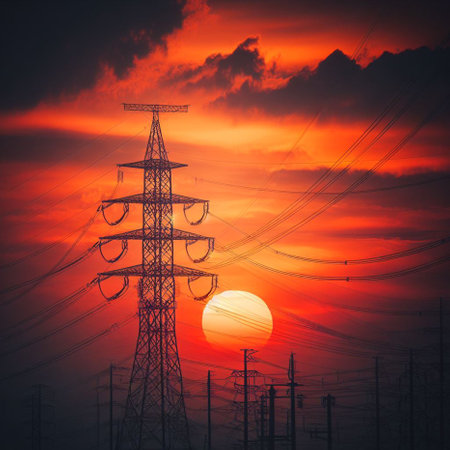 High-voltage power lines at sunset. Electricity distribution station.の素材