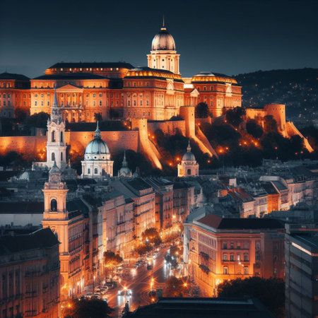 Aerial view of the city of Budapest at night, Hungary.の素材