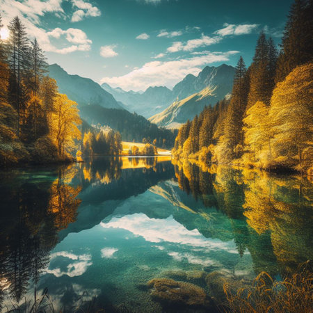 Beautiful autumn alpine lake with reflection in water. Colorful morning scene. Artistic style post processed photo.の素材