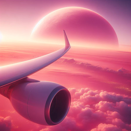 Airplane in the sky at sunset. 3d render illustration.の素材