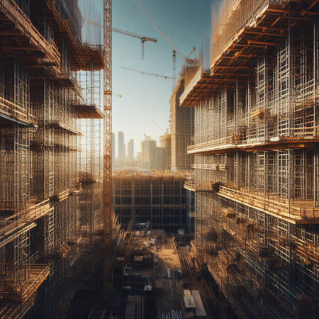 Construction site with cranes and building under construction. 3d renderingの素材