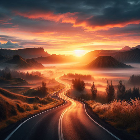 Road in the mountains at sunrise. Beautiful landscape. Artistic style.の素材