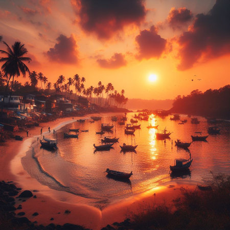 Fishing boats on the beach at sunset in Sri Lanka, Asiaの素材