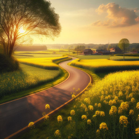 Rural road through the rape field at sunset. Spring landscape.の素材