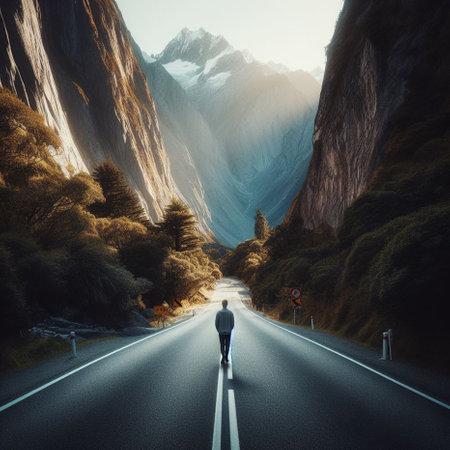 Woman walking on the road in the mountains. 3D Renderingの素材