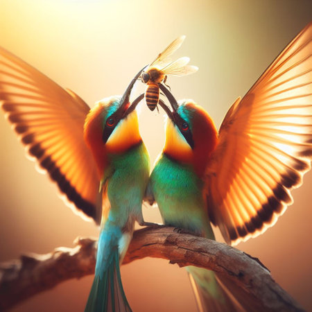 Two bee-eater birds on a tree branch in the sunlight.の素材