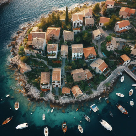 Aerial view of the island of Sveti Stefan in Montenegroの素材