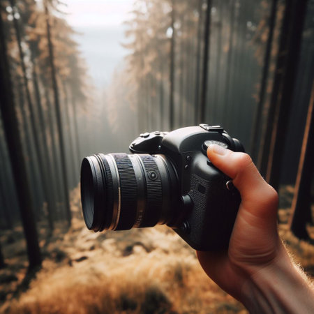 Photographer with camera on the background of a foggy forest.の素材