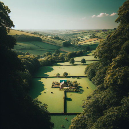 Aerial view of a lake in the middle of the English countrysideの素材