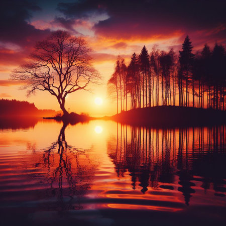 Beautiful landscape with lake and trees at sunset. Nature composition.の素材