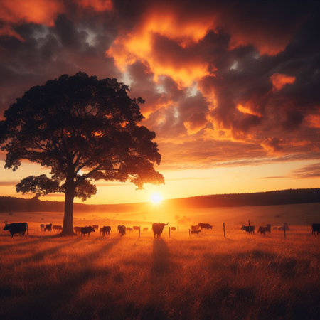 Beautiful sunset over meadow with grazing cows and a tree.の素材