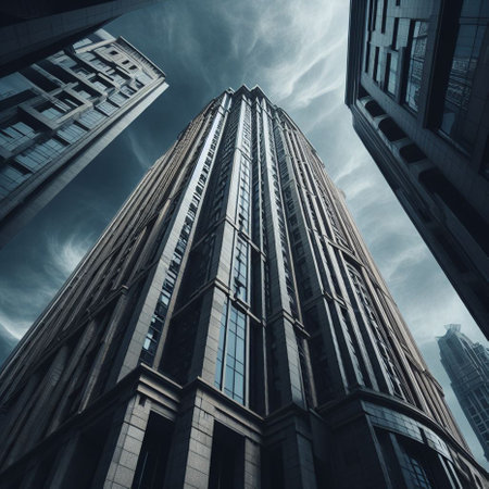 Bottom view of modern skyscrapers in business district. Business concept.の素材