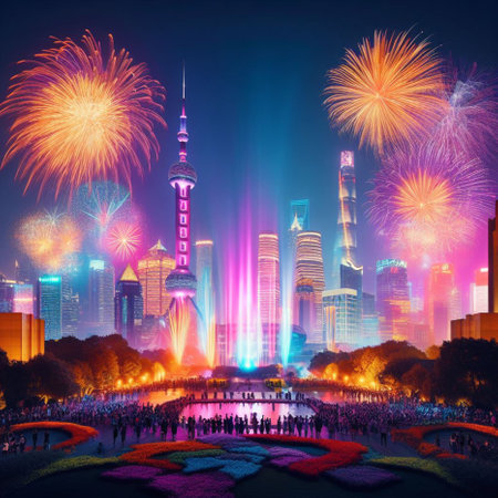 Shanghai Pudong skyline with fireworks in Shanghai, Chinaの素材