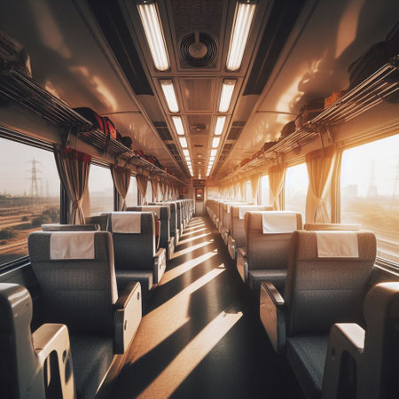Interior of a train with empty seats. Toned image.の素材