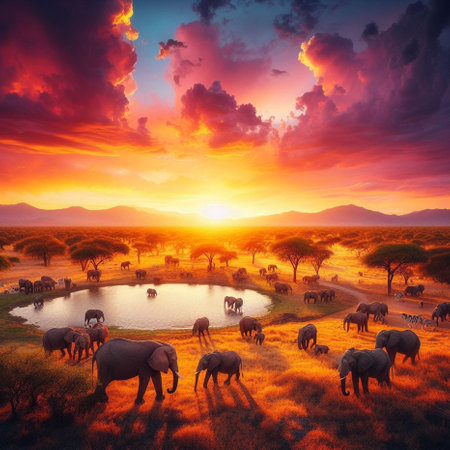 African safari landscape with herd of elephants and lake at sunset.の素材