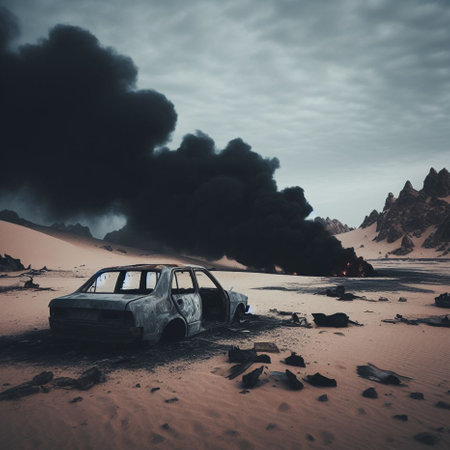 Car buried in the sand with a black smoke in the background.の素材