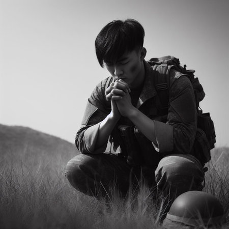 Young man sitting on the grass in the mountains and praying, black and whiteの素材