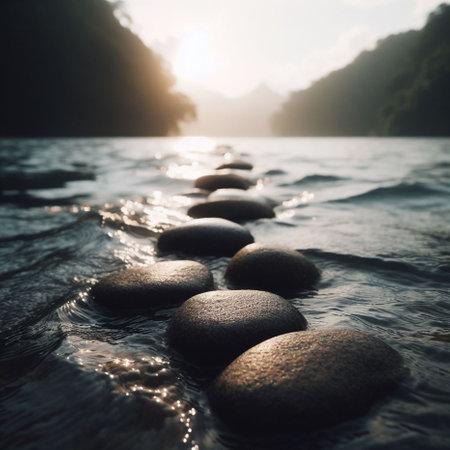 Pebbles in sea water with sunset background. Zen stones in waterの素材