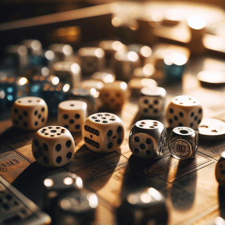 Dice on the table, vintage toned photo, shallow depth of fieldの素材