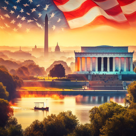 View of Washington DC at sunrise with American flag and Lincoln Memorial.の素材