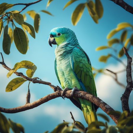 Parrot sitting on a tree branch with green leaves, close-upの素材