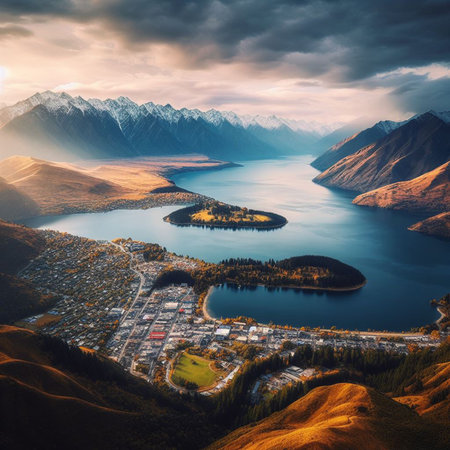 Beautiful aerial view of Lake Wanaka at sunset, New Zealandの素材