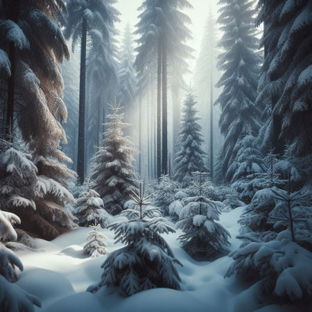 Fantastic winter landscape with snowy fir trees. Dramatic wintry scene.の素材