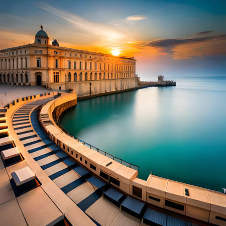 Beautiful sunset over the port of Trieste, Italy, Europe.の素材