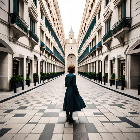 Woman walking in the city center of Dubai, United Arab Emirates.の素材