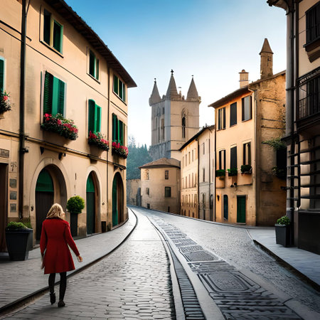A young woman is walking along a narrow street in Pienza, Italy.の素材