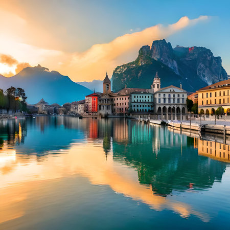Panoramic view of the lake Como at sunset, Italyの素材