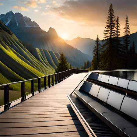 Wooden walkway on the background of the mountains at sunset.の素材