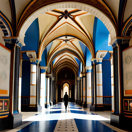 Rear view of a woman walking in an arched corridor of a mosqueの素材