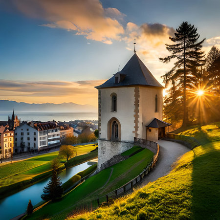 Sunset in Lucerne, Switzerland. Panoramic view of the Chapel of St. Peter in Lucerne.の素材