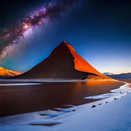 Fantastic starry sky over snowy mountains and lake at nightの素材