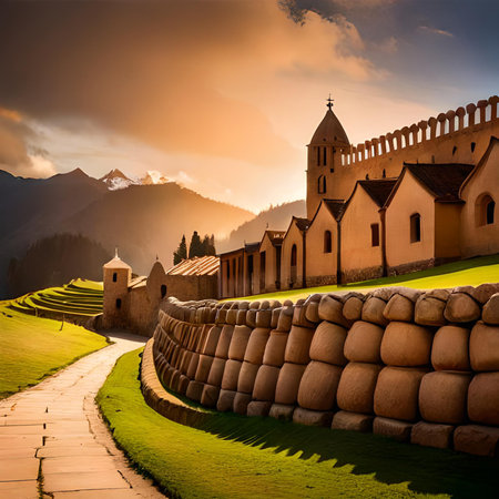 Beautiful panoramic view of medieval fortress in Svaneti, Georgiaの素材