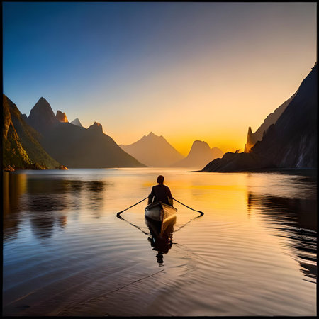 Man paddling a boat on the lake at sunset, Torres del Paine National Park, Chileの素材